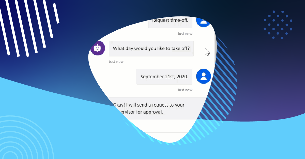 Chat interface showing a conversation with a Power Virtual Agents chatbot requesting time off.