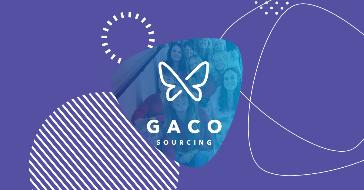 A stylized digital graphic featuring the GACO Sourcing logo, a group photo of team members in the background, and abstract design elements.