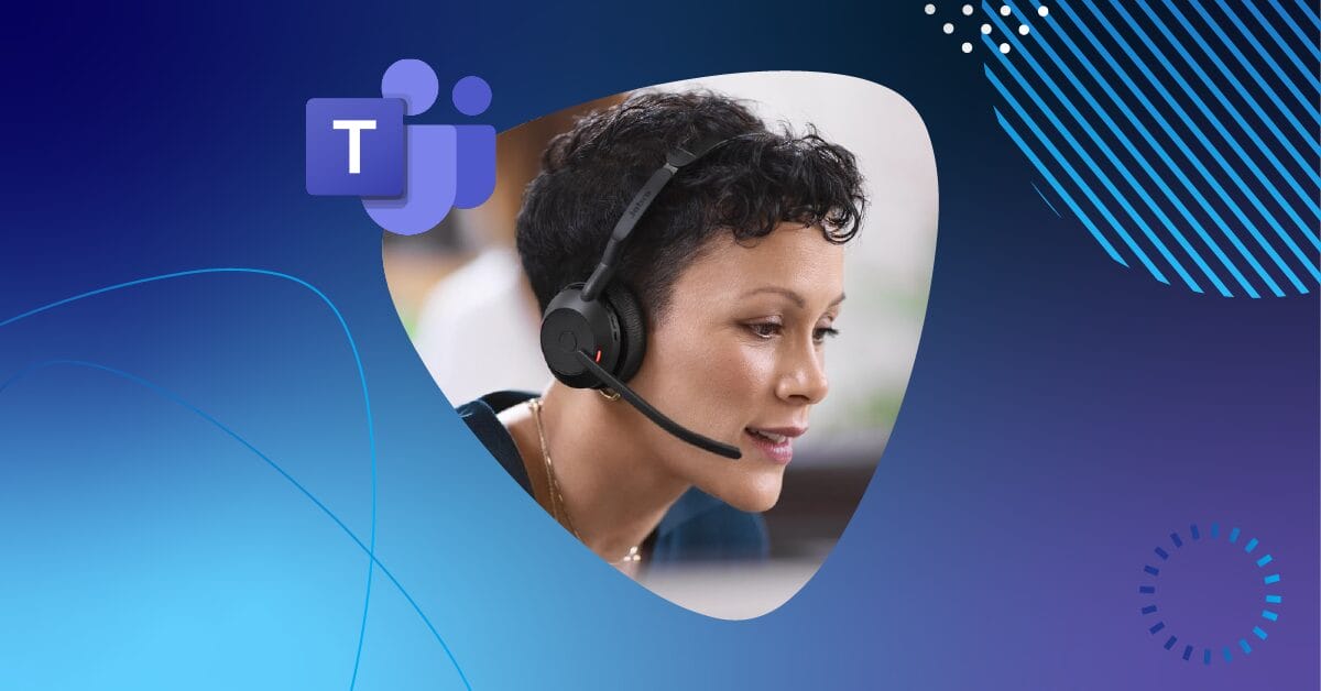 A professional woman wearing a headset engages in a Microsoft Teams call, with the Teams logo visible on the screen.