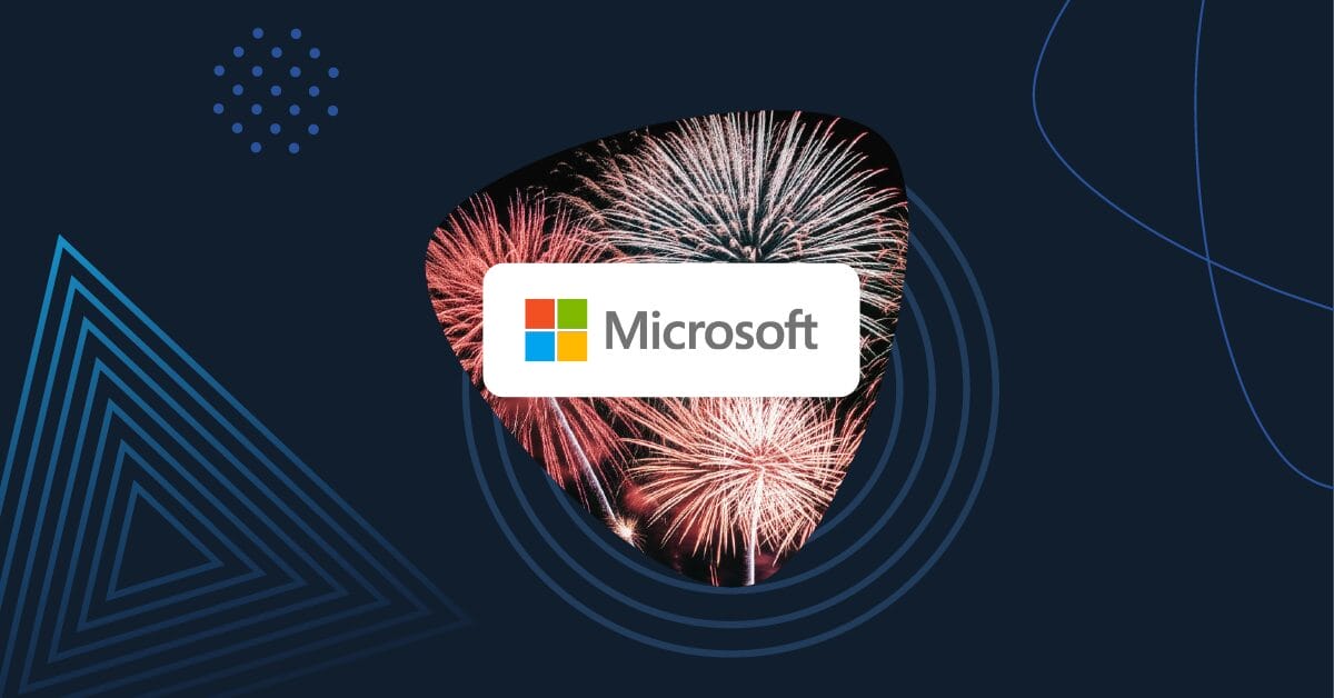 Fireworks explode behind the Microsoft logo, celebrating the start of the Microsoft fiscal year.