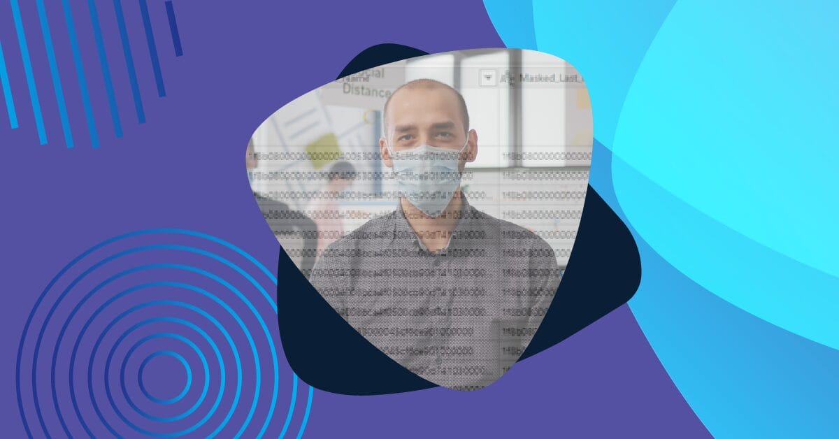 Man in a mask stands in front of blurred data and graphs, representing secure data handling with Power BI and Power Automate.