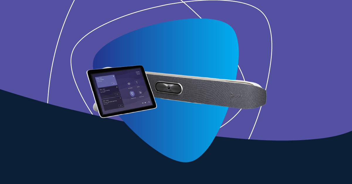 Poly Studio X50 video bar and TC8 touch controller displayed on a stylized background representing Microsoft Teams Rooms hardware.