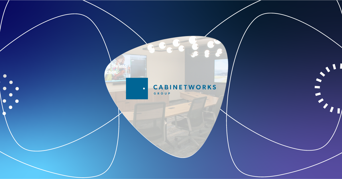 Cabinetworks Group logo overlaid on a modern conference room equipped with a Microsoft Teams Rooms setup.