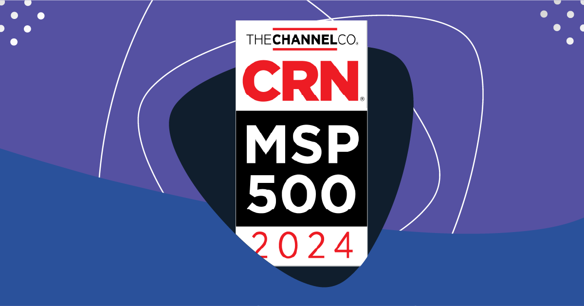 CRN MSP 500 2024 badge on a modern blue and purple abstract background, highlighting industry recognition.