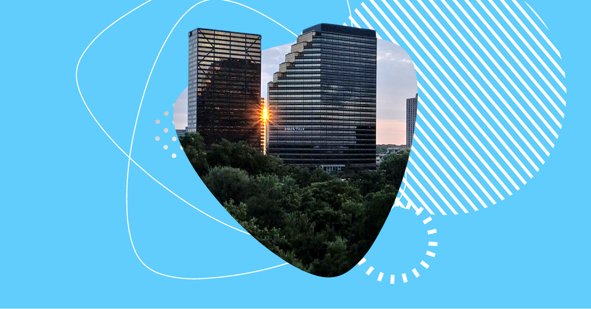 Sun setting behind two office towers in Southfield, Michigan, with trees in the foreground and the Apex Digital brand style framing the image.